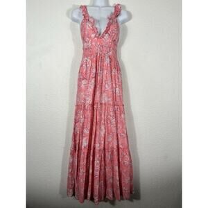 Madison Mathews Maxi Dress Women’s Size M Pink Sleeveless Floral Cotton‎ VNeck